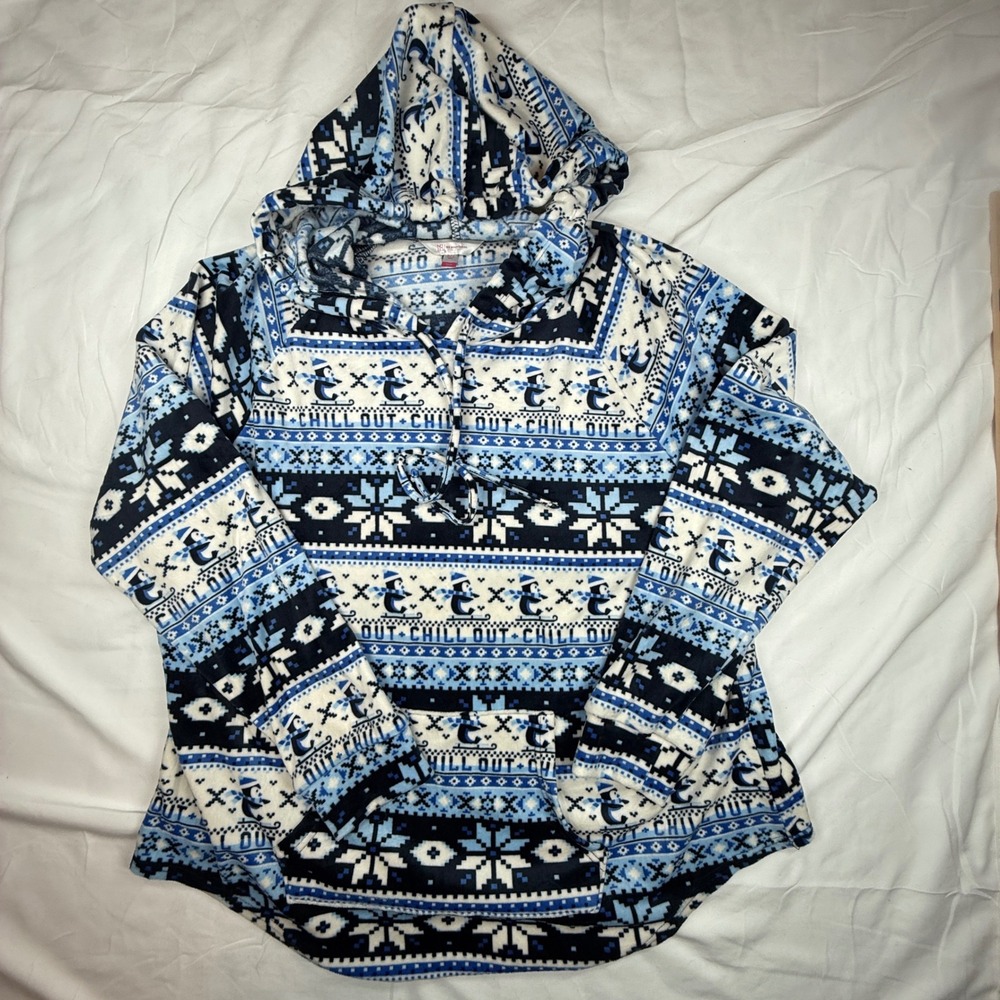 No Boundaries 3XL Blue Chill Out Penguin Fair Isle Fleece Hoodie